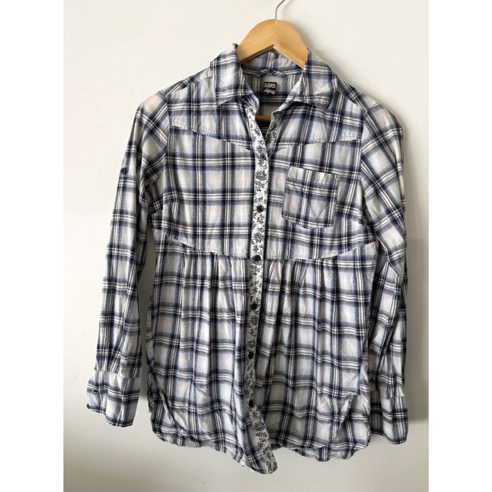 Free People Shirt Womens 4 Blue Plaid Button Front 100% Cotton Empire Waist Top